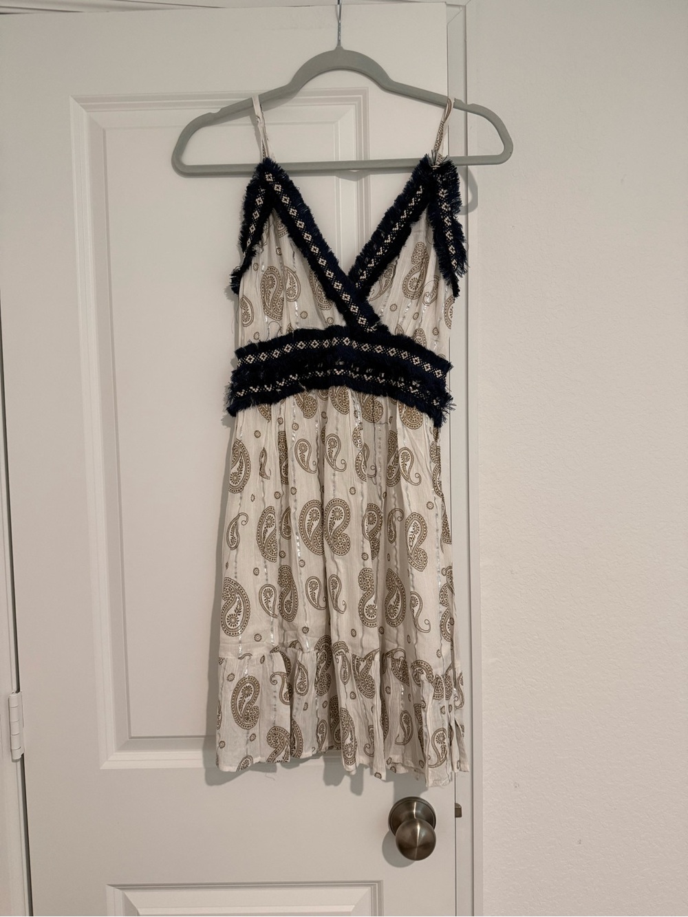Girls White Paisley Print Dress with Black Trim